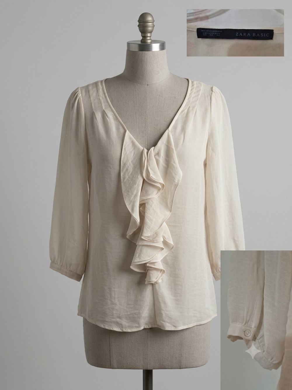 Zara Cream Ruffle V-Neck Blouse with Three-Quarter Sleeves
